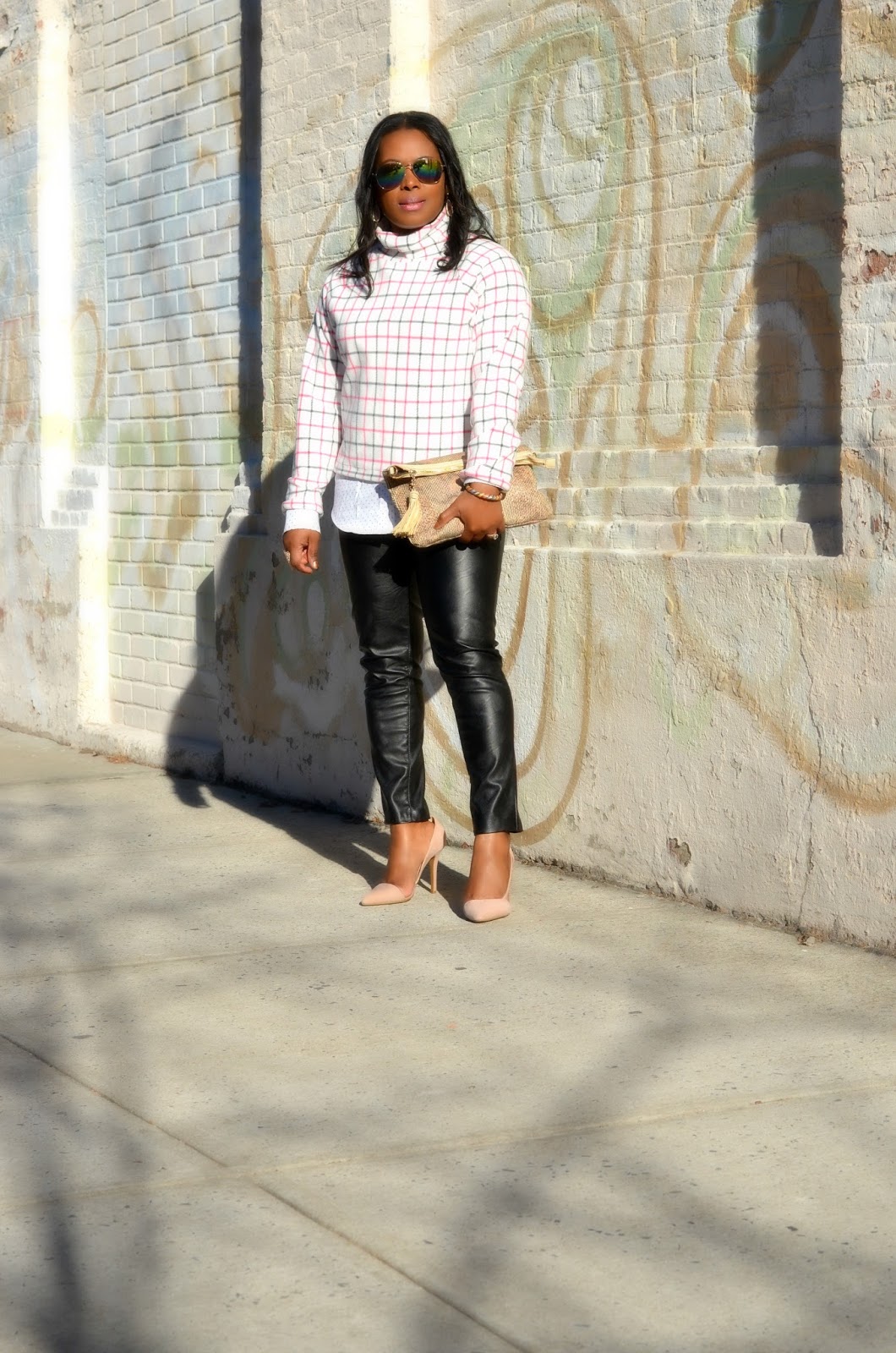 Blank NYC Vegan Leather Skinny Jeans.Button-down.Shirt.HighNeck.MicroFleece.Top.Snakeskin.Bebe Snakeskin.Clutch.Adelia.D'orsay Nude Pumps