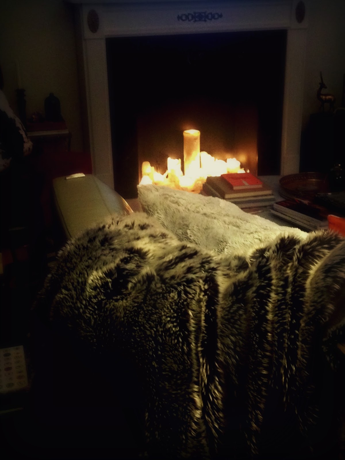 Candlelit Fireplace + Fur Throw and Pillows Rainy Night At Home