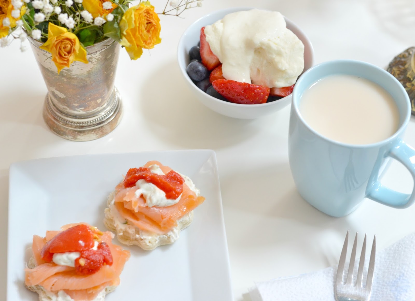 Colorful Healthy Salmon Breakfast Bites + Fruits + Tea