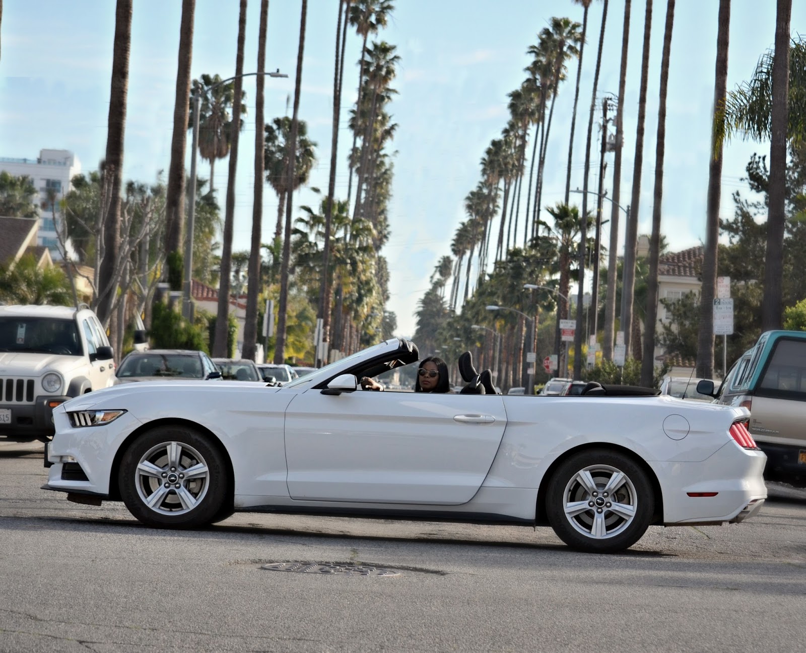 Los Angeles Palms Lined Street in A Convertible Mustang Listening To Mary J. Blige