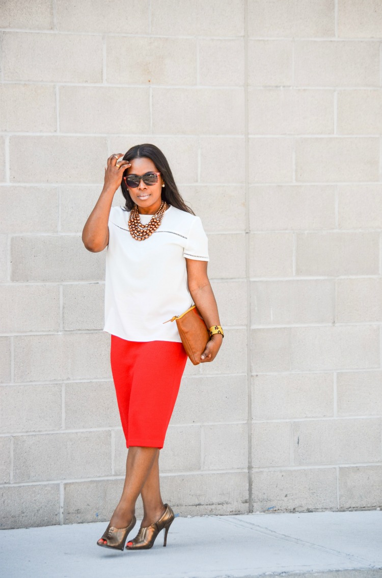 Red Tube Midi Skirt White Rowme Top and Stripes Clutch