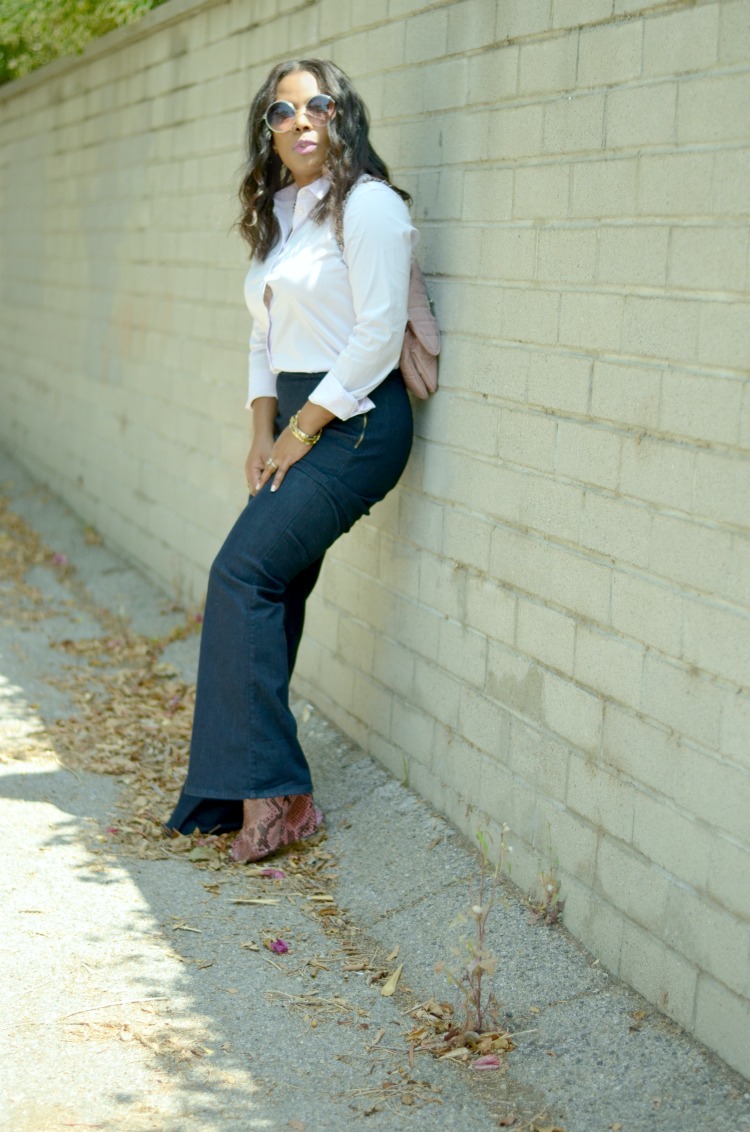 Sleek Seventies 70s Style- wearing Christian Siriano Snakeskin Wedges-Guess Bella Bella Flare Jeans-Uniqlo Button Down Shirt