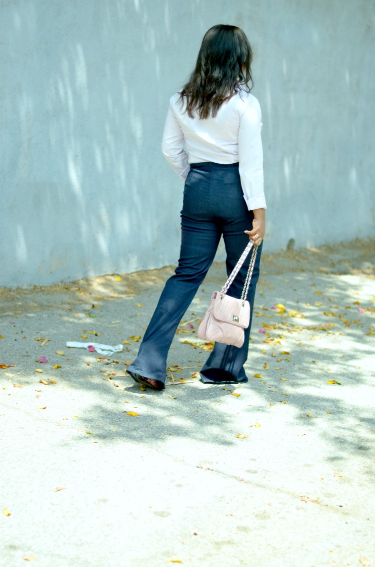 Sleek Seventies 70s Style- wearing Christian Siriano Snakeskin Wedges-Guess Bella Bella Flare Jeans-Uniqlo Button Down Shirt