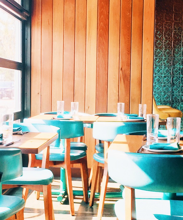 Teal Blue Leather Dining Chairs+Slat Wood Walls+Tin Tiles Wall