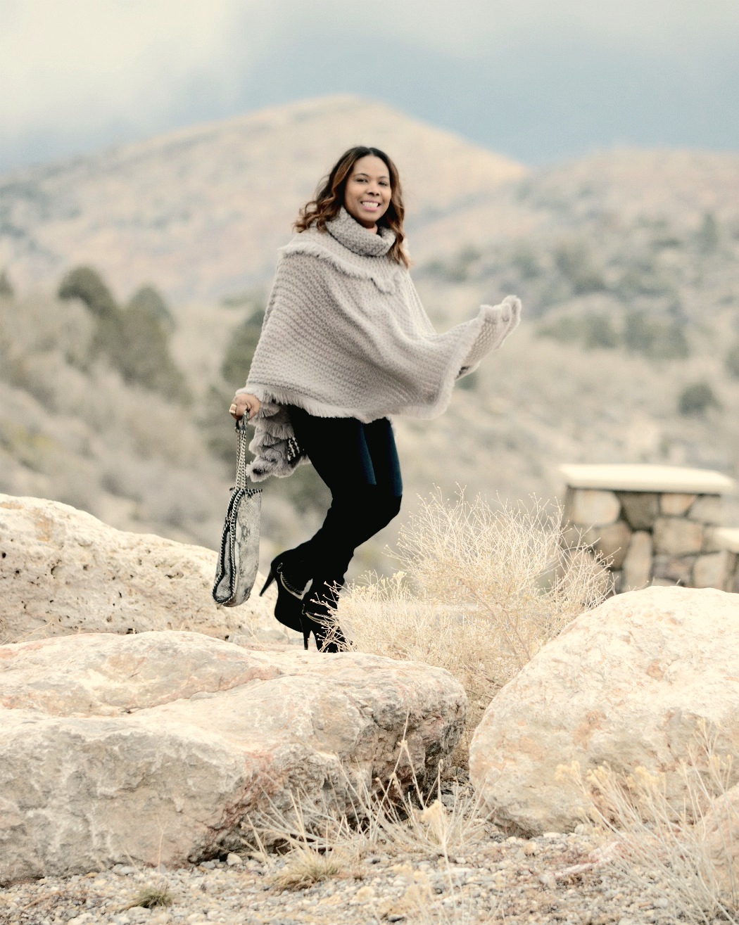 Grey Knit Poncho_Paige Denim Skinny Jeans_Over_The-Knee_Boots_Cashmere_Blush_Sweater
