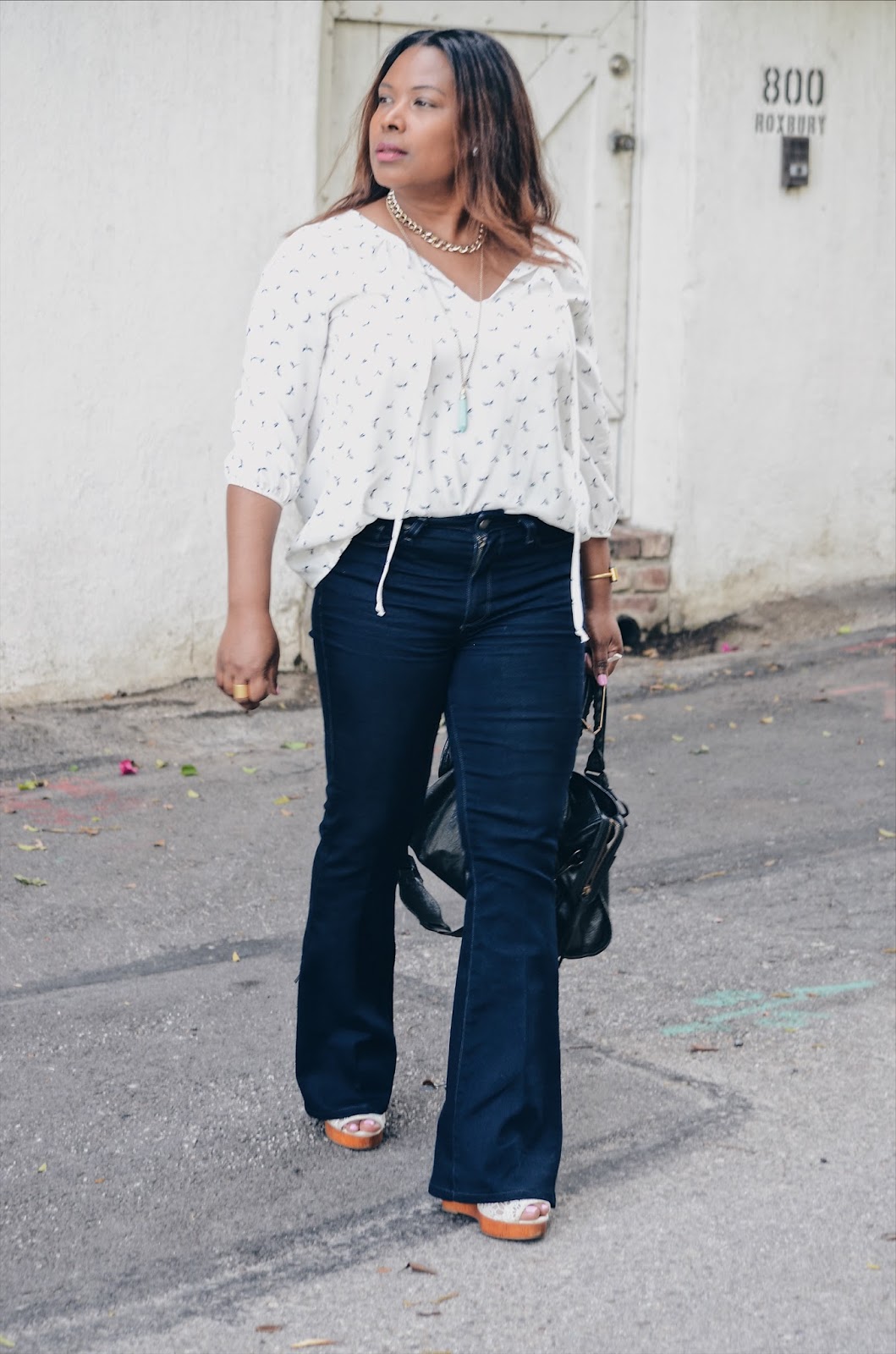 Paige Denim Flare Jeans_Lucky Brand Sandals_Balenciaga Bag_Gold Link Chain Choker Necklace