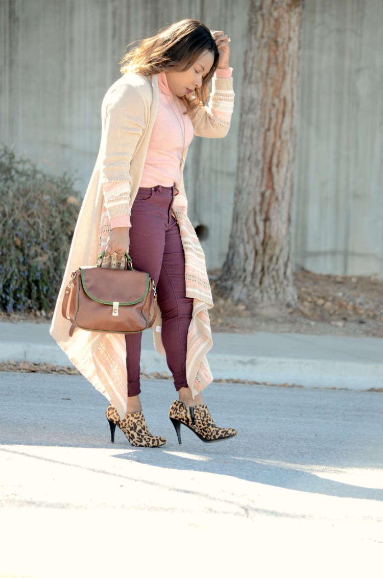 Long Line Striped Cardigan _Ann Taylor Wine color Skinny Pants_ Cashmere Pink Turtleneck