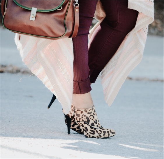 Long Line Striped Cardigan _Ann Taylor Wine color Skinny Pants_ Cashmere Pink Turtleneck