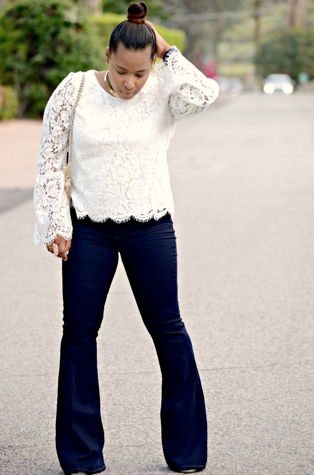 Michael Kors Lace Blouse Scalloped Edged_Paige Bootleg Flare Denim Pants_Top Knot_Hairstyle