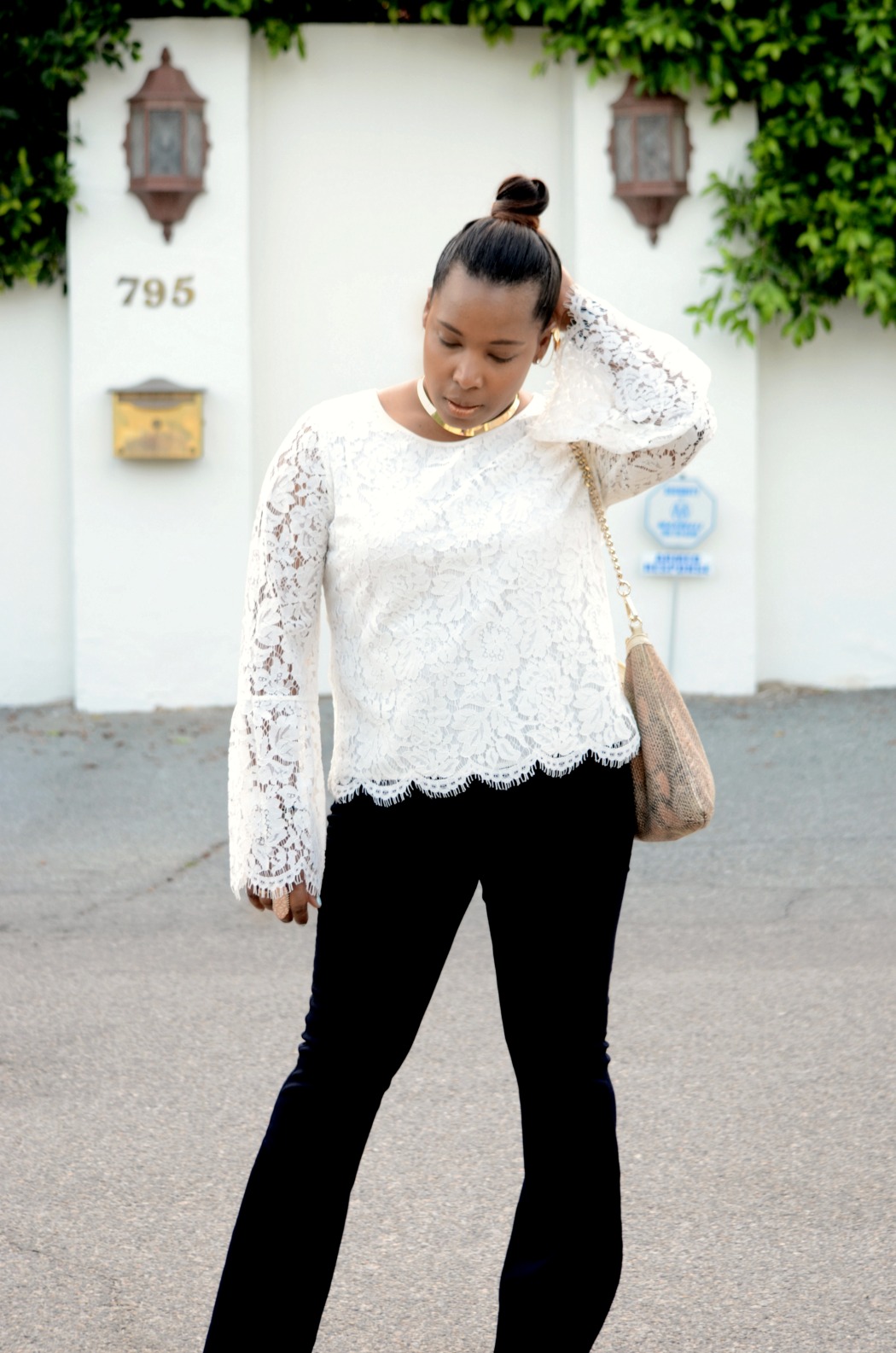 Michael Kors Lace Blouse Scalloped Edged_Paige Bootleg Flare Denim Pants_Top Knot_Hairstyle