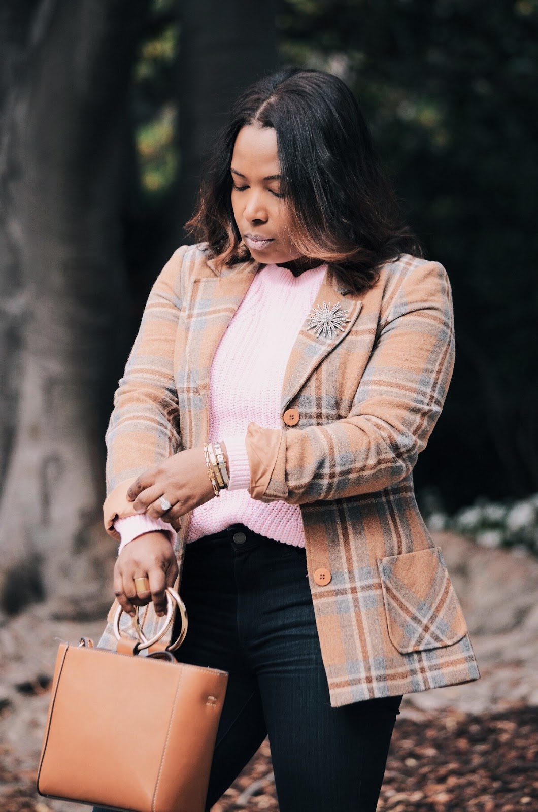 BCBG-Plaid-Jacket-Topshop-Two-tone-tan-ankle-booties-Paige-Denim-Skinny-Jeans-Mango-Crossbody-Mini-Bag-Jacket-Brooch-pin