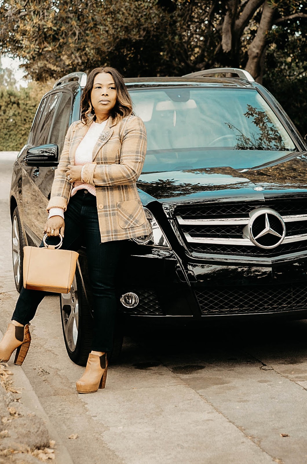 success is one percent of the real story-bcbg-plaid-jacket-paige-denim-skinny-jeans-mango-bag-topshop-booties-mercedez-benz-suv
